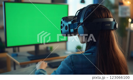 Software developer wearing virtual reality headset working with green screen 123066100