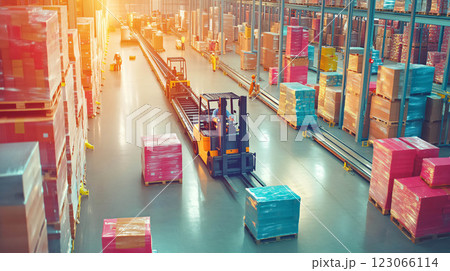 Forklift carrying boxes in busy warehouse with workers Forklift carrying boxes in busy warehouse with workers 123066114