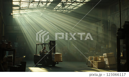 Forklift operator moving pallets in a warehouse with sunbeams 123066117
