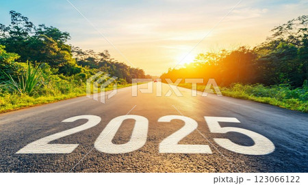 Empty asphalt highway road leading to 2025 at sunset 123066122