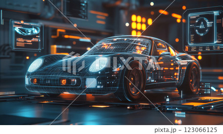 Futuristic car being designed with projected transparent 3d model 123066125