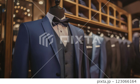 Mannequin wearing stylish bespoke suit in a menswear store 123066164