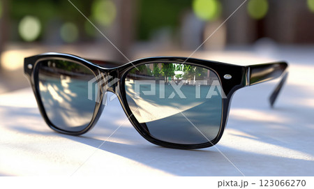 Black stylish sunglasses resting on a white surface 123066270