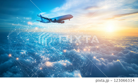 Passenger airplane is flying above a network of connections 123066314