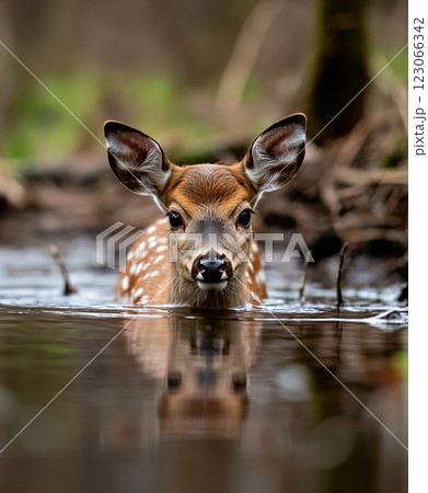 Deer wading in Lake, Close up Deer in a lake. Spring time forest with wildlife in it. Deers in the woods. AI Generated. 123066342