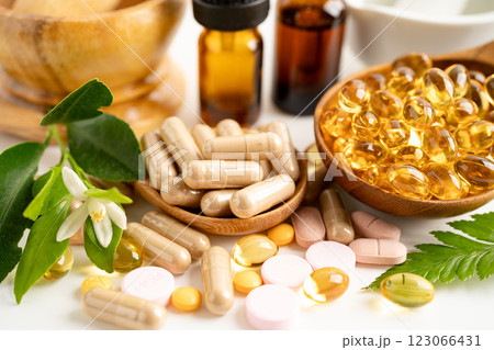 Alternative medicine herbal organic capsule, mineral, drug with herbs leaf natural supplements for healthy good life. 123066431