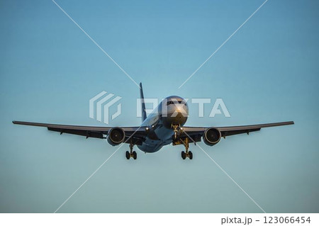 夕暮れの仙台空港　着陸中の飛行機　宮城県名取市 123066454