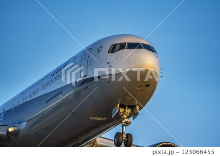 夕暮れの仙台空港　着陸中の飛行機　宮城県名取市 123066455