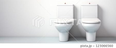 Background Two toilet bowl near white wall indoors. Clean lavatory, bathroom 123066560