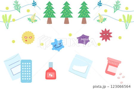 花粉の原因と対策グッズのイラストセット 花粉の原因と対策グッズのイラストセット 123066564