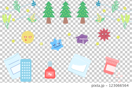 花粉の原因と対策グッズのイラストセット 花粉の原因と対策グッズのイラストセット 123066564