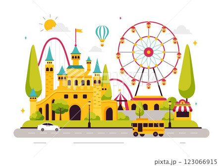 Theme Parks Vector Illustration featuring an Amusement Park with a Ferris wheel, Fun Game Booths, a Ticket Box, and Trade Fair Stalls in a Background 123066915
