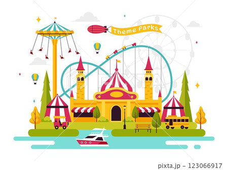 Theme Parks Vector Illustration featuring an Amusement Park with a Ferris wheel, Fun Game Booths, a Ticket Box, and Trade Fair Stalls in a Background 123066917