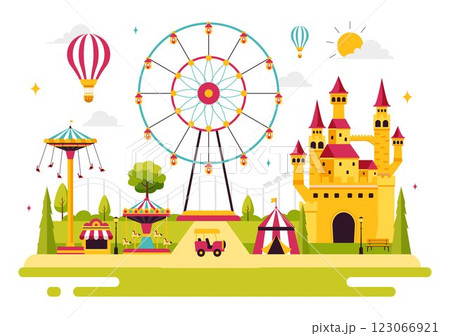 Theme Parks Vector Illustration featuring an Amusement Park with a Ferris wheel, Fun Game Booths, a Ticket Box, and Trade Fair Stalls in a Background 123066921