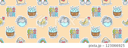 Easter colorful doodle icons stickers with quotes seamless pattern, hand-drawn spring hunt theme background, cute symbols, elements and lettering collection. Easter colorful doodle icons stickers with quotes seamless pattern, hand-drawn spring hunt theme background, cute symbols, elements and lettering collection. 123066925