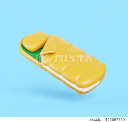 3d sleeping bag with pillow cartoon render icon. Camping equipment for travel, hiking, activity vacation. Yellow green bedroll for summer outdoor adventure isolated on blue background. 3D illustration 123067230