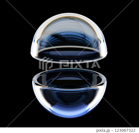 3d crystal glass transparent hemispheres with iridescent light holographic gradient. Open hollow ball cut in half sphere isolated on black background. Abstract render geometric shapes. 3D illustration 3d crystal glass transparent hemispheres with iridescent light holographic gradient. Open hollow ball cut in half sphere isolated on black background. Abstract render geometric shapes. 3D illustration 123067322