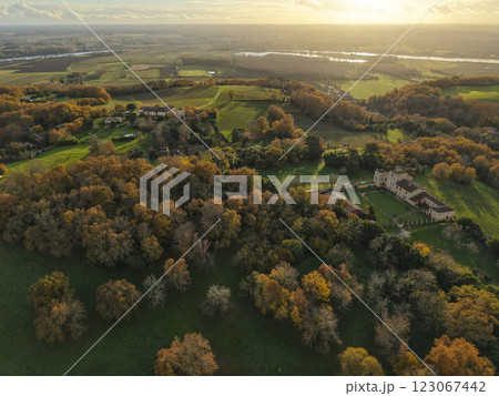 France, Gironde, Tabanac, Aerial view of the vineyard and wooded areas of Chateau le Pic in the 123067442