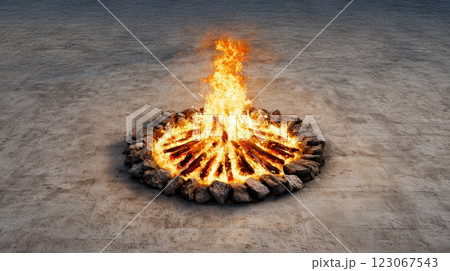 vibrant campfire surrounded by stones, creating warm and inviting atmosphere 123067543