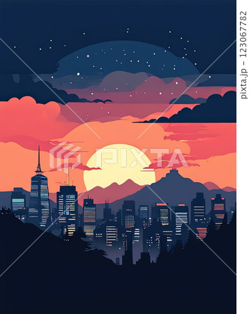 an AI Image Generator, City Skyline Silhouetted Against Spectacular 123067782
