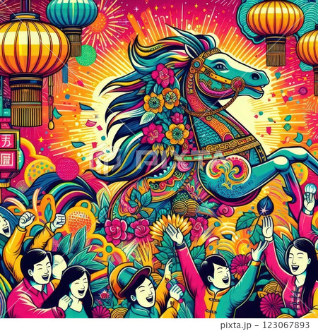 an AI Image Generator, Vibrant Celebration Featuring Decorated Horse 123067893