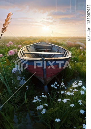 the AI Image Generator, Serene Wooden Boat Surrounded By Blooming the AI Image Generator, Serene Wooden Boat Surrounded By Blooming 123067922