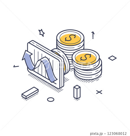 Online payments and budget analysis represented through isometric line art design elements Online payments and budget analysis represented through isometric line art design elements 123068012