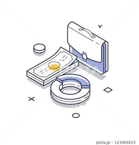 Isometric line art icon depicting business investment elements with money and a briefcase 123068023