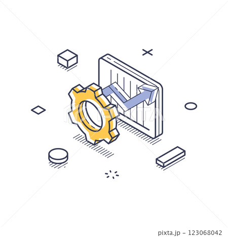 Isometric line art icon representing business solutions with gears and graphs for infographic design Isometric line art icon representing business solutions with gears and graphs for infographic design 123068042