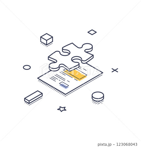 Business solution isometric line art icon featuring a puzzle piece with a document 123068043
