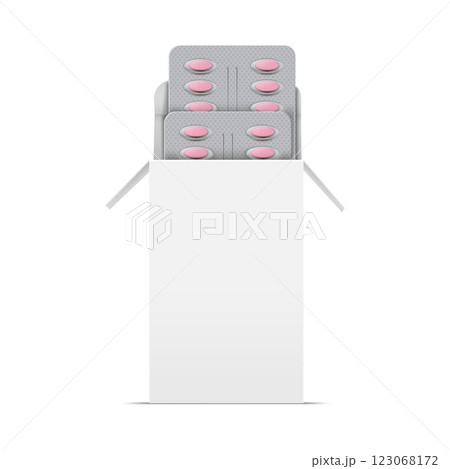 Pills blister packs in white cardboard box 3D vector illustration, metallic package for pink tablets medicine drugs Pills blister packs in white cardboard box 3D vector illustration, metallic package for pink tablets medicine drugs 123068172