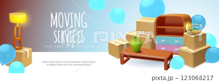Moving services 3D landing page banner vector design, delivery cardboard boxes stack, table, lamp, aquarium with balloon Moving services 3D landing page banner vector design, delivery cardboard boxes stack, table, lamp, aquarium with balloon 123068217