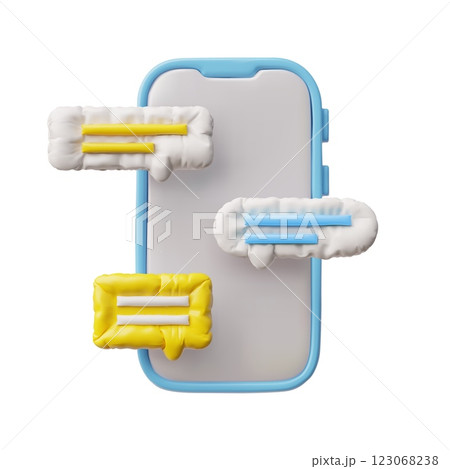 3D inflated balloon speech bubbles with text lines on smartphone screen vector icon, volume chat message application 123068238