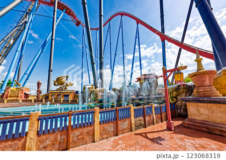 Roller Coaster in funny amusement park. Roller Coaster in funny amusement park. 123068319
