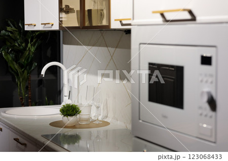 close up of small kitchen countertop 123068433