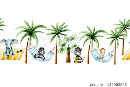 Seamless border, banner. Cute baby giraffe on striped hanging hammock with Green palm trees, elephant with coconut under palm. Lazy summer clipart. Watercolor hand drawn floral jungle illustration Seamless border, banner. Cute baby giraffe on striped hanging hammock with Green palm trees, elephant with coconut under palm. Lazy summer clipart. Watercolor hand drawn floral jungle illustration 123068638
