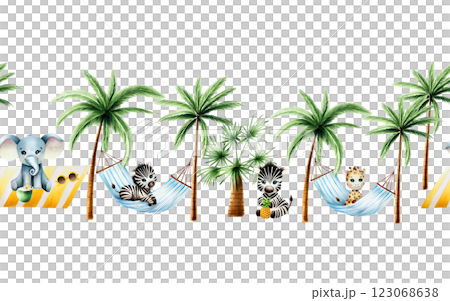 Seamless border, banner. Cute baby giraffe on striped hanging hammock with Green palm trees, elephant with coconut under palm. Lazy summer clipart. Watercolor hand drawn floral jungle illustration 123068638