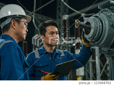 Engineers inspecting industrial machinery in factory setting 123068762