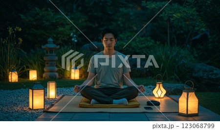 Serene meditation with lanterns in zen garden at dusk 123068799