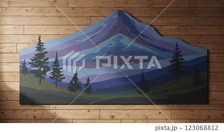 Wooden wall art depicting mountain scene with layers of colorful forests Wooden wall art depicting mountain scene with layers of colorful forests 123068812