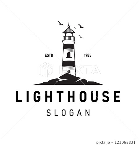 Lighthouse logo illustration with simple and minimalist vector design, suitable for branding maritime business, shipping company, marine tourism, or sea lover community. 123068831