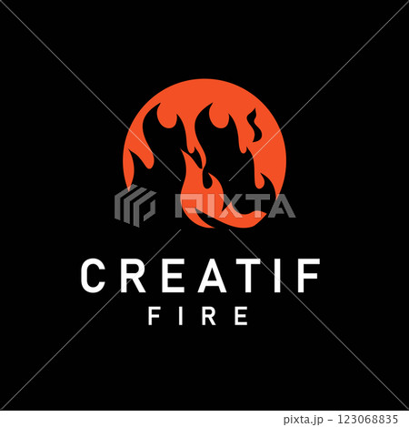 Creative Fire Symbol Logo Illustration, in the form of a Red Circle Design for Branding Restaurants, Food Stalls, or Culinary Businesses Dark Background 123068835
