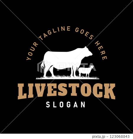 Vintage Style Logo Illustration featuring a silhouette of a cow and a goat, suitable for branding livestock, meat, dairy businesses Vintage Style Logo Illustration featuring a silhouette of a cow and a goat, suitable for branding livestock, meat, dairy businesses 123068843