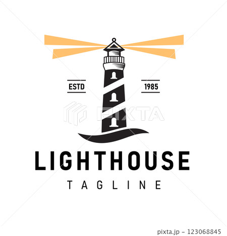 Lighthouse logo illustration with simple and minimalist vector design, suitable for branding maritime business, shipping company, marine tourism, or sea lover community. 123068845