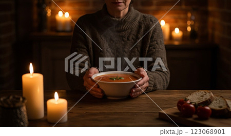 Cozy evening with warm tomato soup and candlelight ambiance Cozy evening with warm tomato soup and candlelight ambiance 123068901