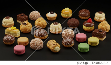Assorted colorful pastries and macarons on black background Assorted colorful pastries and macarons on black background 123068902