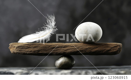 Delicate Balance of Feather and Stone on Wooden Stick 123068915
