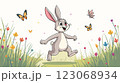 The illustration shows a wild hare in cartoon format walking through a meadow 123068934