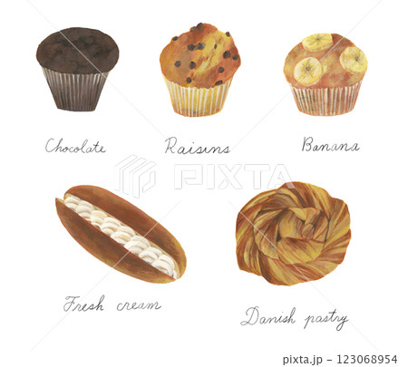 水彩絵の具で描いたカップケーキとパンのイラストレーション 123068954