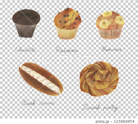 水彩絵の具で描いたカップケーキとパンのイラストレーション 123068954